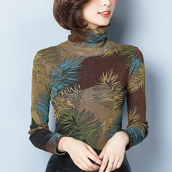 Jauno Modes 2020. Gadam Elegants Sieviešu Topi krekls Gadījuma Sieviešu Apģērbu ar garām Piedurknēm augstu uzrullētu apkakli iespiesti Sieviešu Blūzes Plus Lieluma 5671 50