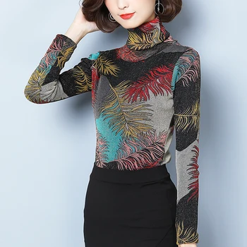 Jauno Modes 2020. Gadam Elegants Sieviešu Topi krekls Gadījuma Sieviešu Apģērbu ar garām Piedurknēm augstu uzrullētu apkakli iespiesti Sieviešu Blūzes Plus Lieluma 5671 50