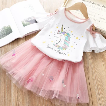 Meitenes, Unicorn Kleita Apģērbu Komplekti 2020. Gada Vasaras Cute Princese Meitene Unicorn T - Krekls + Marle Kleita 2PCS Set Bērnu Apģērbu 8Y 3