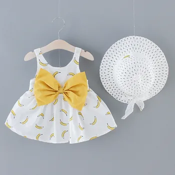 (1-3Y) Bērnu piedurknēm banānu drukas kleita princese kleita + salmu cepure vasaras atpakaļ loku apdares + saules cepure cute kleitu S4