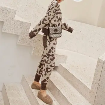 Džemperis sievietēm ir uzvalks jauno divu zaudēt korejas leopard apaļu kakla džemperis 