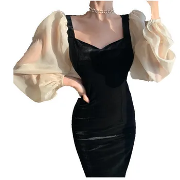 Elegants franču stila Slim Samta Kleitu iešūšana sievietes, v-veida kakla puff piedurknēm Modes Dāma Puse kleita