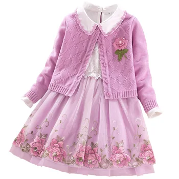 Pavasara Rudens Meitenes garām piedurknēm Džemperis Jaka Kleita 2gab Apģērba Komplekts Bērniem Princese Acs Ziedu Kleitas, Uzvalka Komplekts