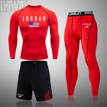 Jordan Vīriešu Kompresijas Sporta Tērps, SPORTA Necaurlaidīgai Apģērbu Jogas Komplekti Treniņu Skriešanas MMA Fitnesa Apģērbu Tracksuit Sporta
