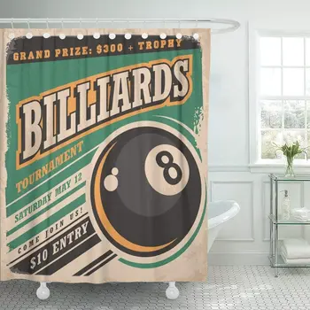 Retro Biljarda Turnīrs Vintage Reklāmas ar Astoņiem Bumbu Spēles, Sporta un Atpūtas Dušas Aizkars ļoti Gara 72