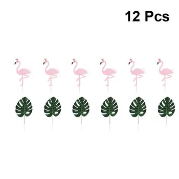 12pcs Havaju Tēma Kūka Toppers Flamingo Kūka Cērtes Monstera Puse Deserts Ielikt Labu(6pcs Monstera un 6pcs Flamingo)