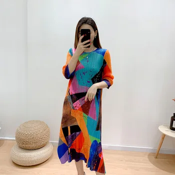 Miyake kroku Ģeometriskā krāsošana drukas kleita sievietēm rudenī 