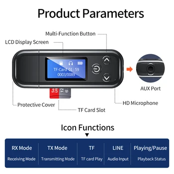 VAORLO LCD Displejs USB Bluetooth 5.0 Audio Adapteris Iebūvēts Akumulators, 3,5 mm, RCA, USB TF Stereo Mūzikas PC TV AUTO Bezvadu Sargspraudnis