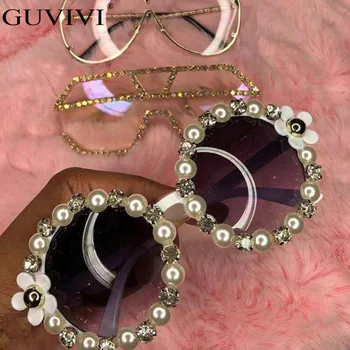 Pērle Rhinestone Apaļas Saulesbrilles Sieviešu Saulesbrilles Vintage Dimanta Luksusa Zīmolu Dizainera Vīriešu Saulesbrilles Retro Toņos Sunglass