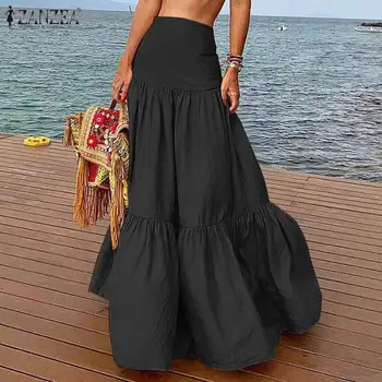 Vasaras Sieviešu Svārki Modes Retro Savirmot ZANZEA ir 2021. Modes Augsta Vidukļa Svārki Sen Maxi Svārki, Kokvilnas Veļu Jupe Femme Drēbes