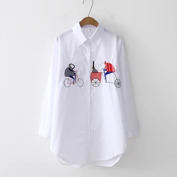 Ir 2021. Pavasara Modes Sieviešu Krekls, Blūze Ikdienas Topi ar garām Piedurknēm Kokvilnas Blūze Sievietēm Izšuvumi Sieviešu Balts kaķis Blūzes Apģērbi