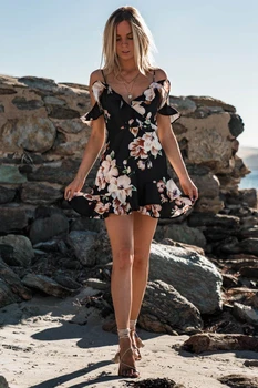 Sieviešu Vasaras Boho Mini Kleita Ruffles V-veida kakla Ziedu Drukāt bez Piedurknēm Vakara Puse Beach Brīvdienu Kleitas Sundress