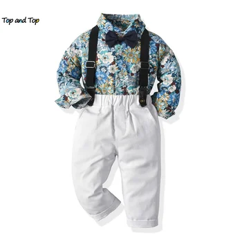 Top un top Pavasara Rudens Bērnu Zēnu Apģērbu Komplekti, Džentlmenis ar garām Piedurknēm Drukāts Krekls Topi ar Bowtie+Zeķu Bikses Tērpiem