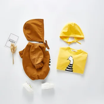 Angoubebe B20H14 2 Gabals Jaundzimušā bērna Baby Meiteņu Drēbes, Uzstādīt Zoss Drukāt Romper Bodysuit +Sunsuit Cepuri Mīkstu Komforta