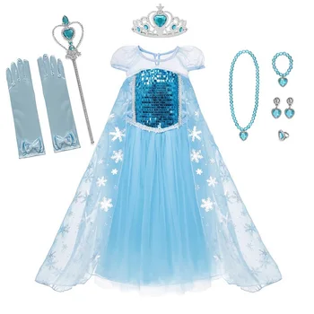 MUABABY Meitenes Elsa Saģērbt Fantasy Īsām Piedurknēm O kakla Sequin Mežģīnes, Karaliene, Princese, Kostīmu Elza Halloween Kleita Meitene