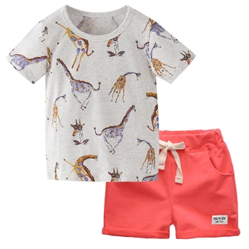 BINIDUCKLING Vasaras Bērnu Zēniem Bērnu Apģērbu Komplekti Karikatūra Žirafe T-krekls+Bikses, Kokvilnas Outifts Toddler Zēnu Apģērbu Komplekts 2T-7T