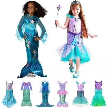 Bērniem, Meitene Mazā Nāriņa Princese Arier Kleita Cosplay Kostīms Bērniem Halloween Drēbes Zaļo Masku, lai Meitenes Pusi Balli