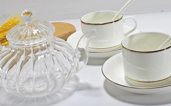 Set 3pcs, ķirbju stikla tējas katlā un kaula porcelāna kafijas tasi, kas ar apakštasi, porcelāna tējas komplekts pēcpusdienas tēja, pakalpojumu kafejnīca