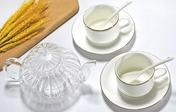 Set 3pcs, ķirbju stikla tējas katlā un kaula porcelāna kafijas tasi, kas ar apakštasi, porcelāna tējas komplekts pēcpusdienas tēja, pakalpojumu kafejnīca