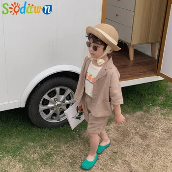 Sodawn Modes korejiešu Stilā Zēnu Kokvilnas Veļu, Apģērbu Komplekti Bērnu Bērniem Viena-Krūtīm Kreklu Un Bikses 2gab Piestāv Zēnu Drēbes